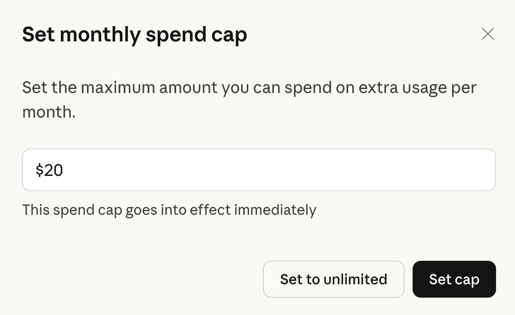 Claude's "Set monthly spend cap" dialog with a $20 default and options to set a cap or unlimited spending